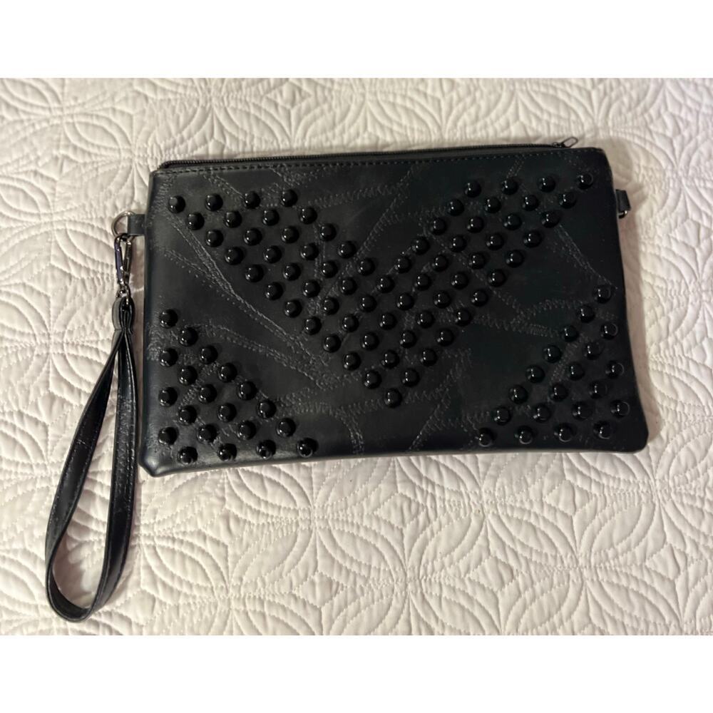 Black Faux Leather Studded Clutch or Make Up Bag